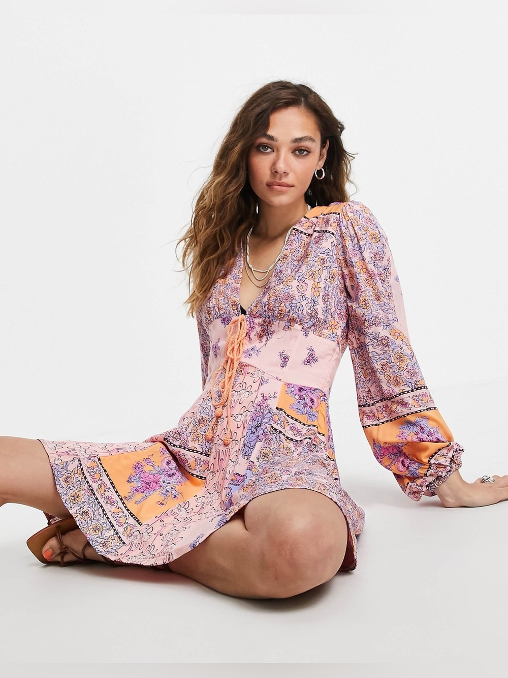 Free People Mixin It Up Mini Dress in Peach Combo - NWT - Picture 1 of 11